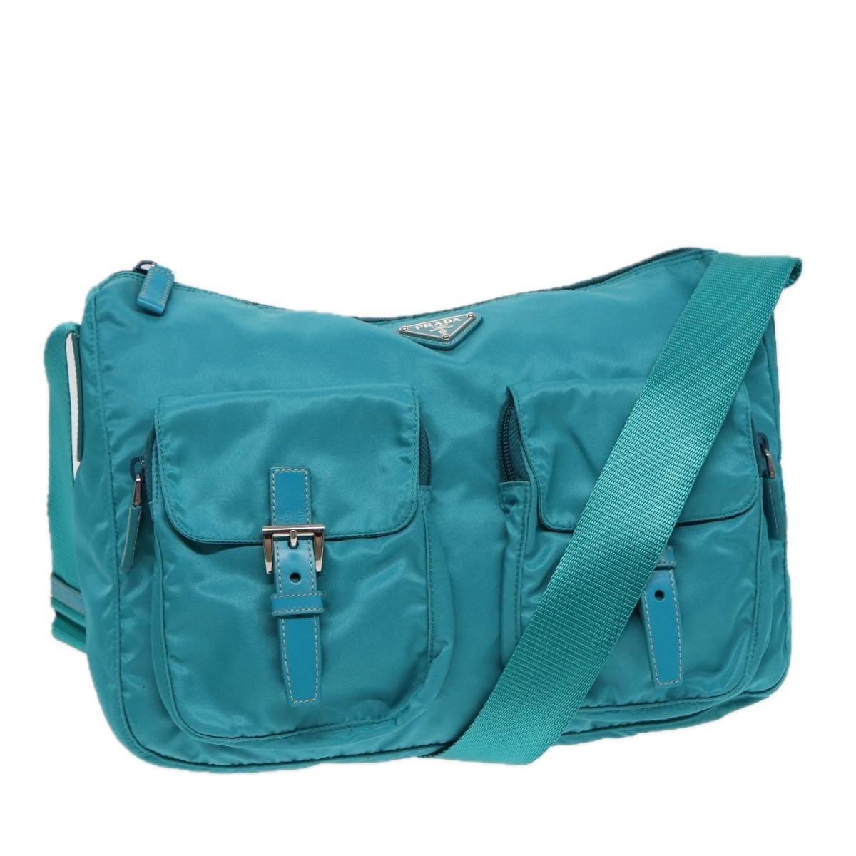 Prada Shoulder Bag Nylon Turquoise Blue Auth 89320v
